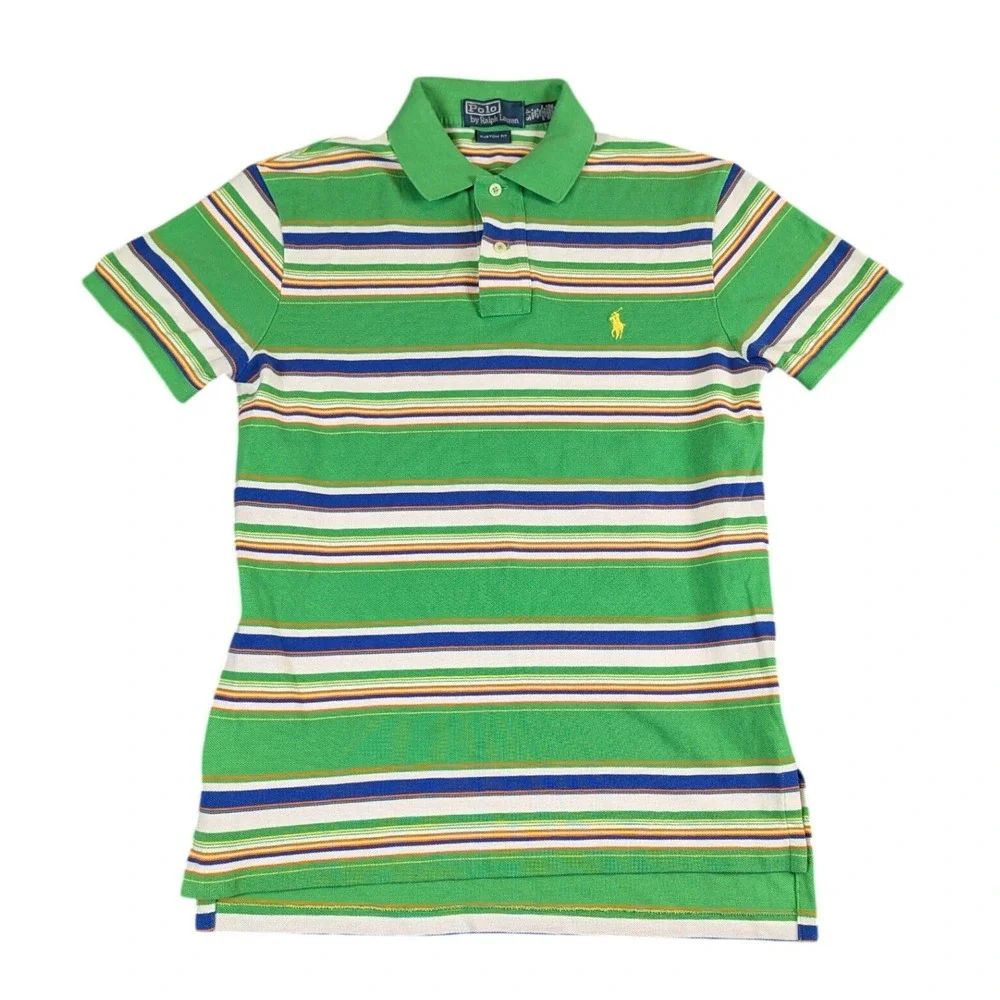 Polo Ralph Lauren Mens Small Custom Fit Green Striped Cotton Pique Polo Shirt